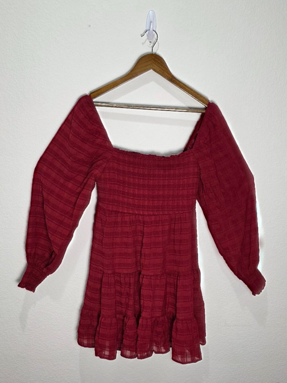 Boho Cottagecore Rust Red Smocked Long Sleeve Tiered Mini Dress L